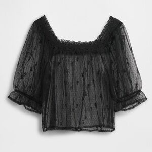 Black Lace Sheer Tulle Embroidered Top Sizes XS Petite & Small Petite
